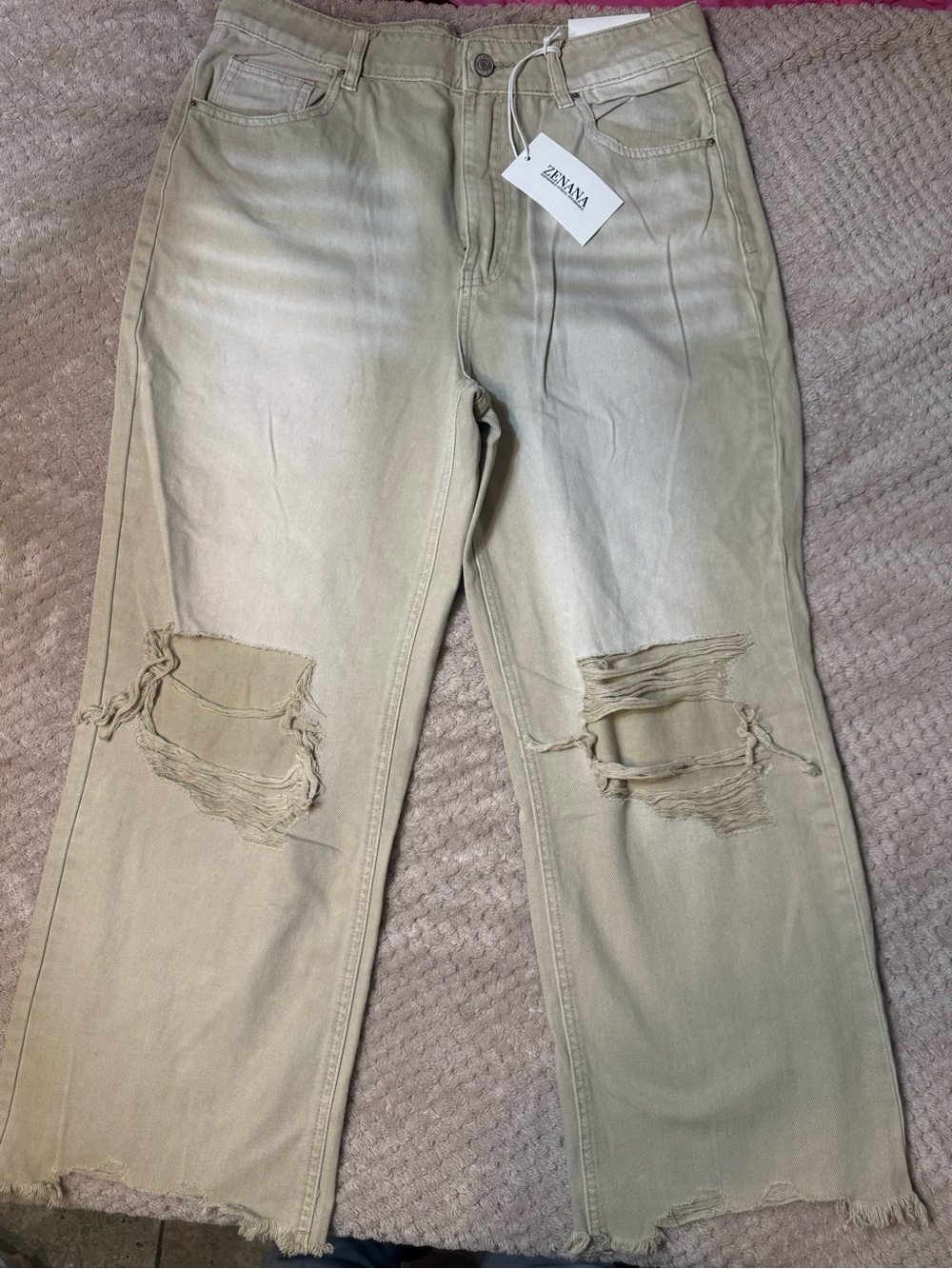 Zenana Outfitters Distressed Jeans in Light Khaki
